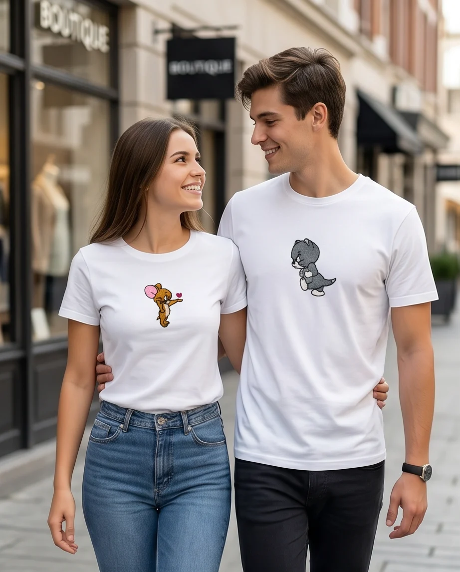 Тениски за двойки с бродерия TOM & JERRY