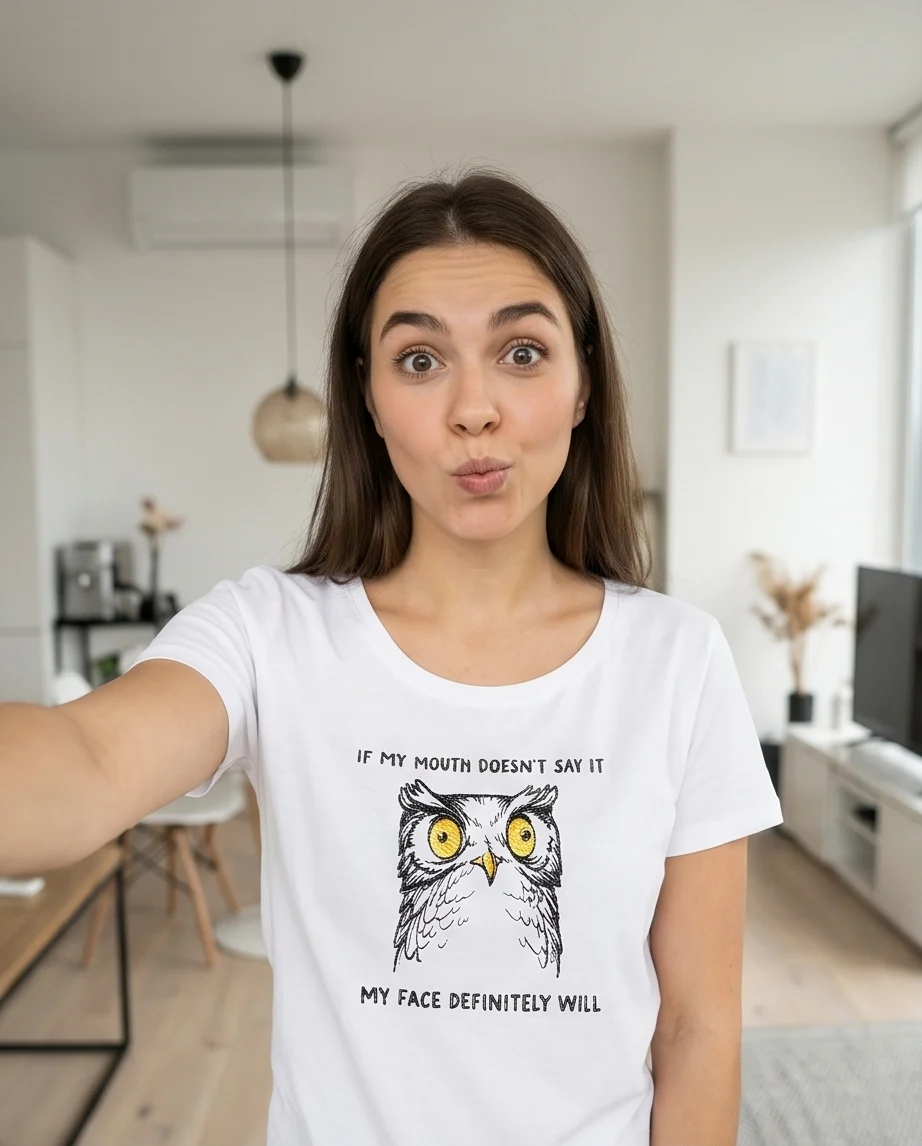 Дамска тениска с бродерия бухал IF MY MOUTH DOESN'T SAY IT, MY FACE DEFINITELY WILL