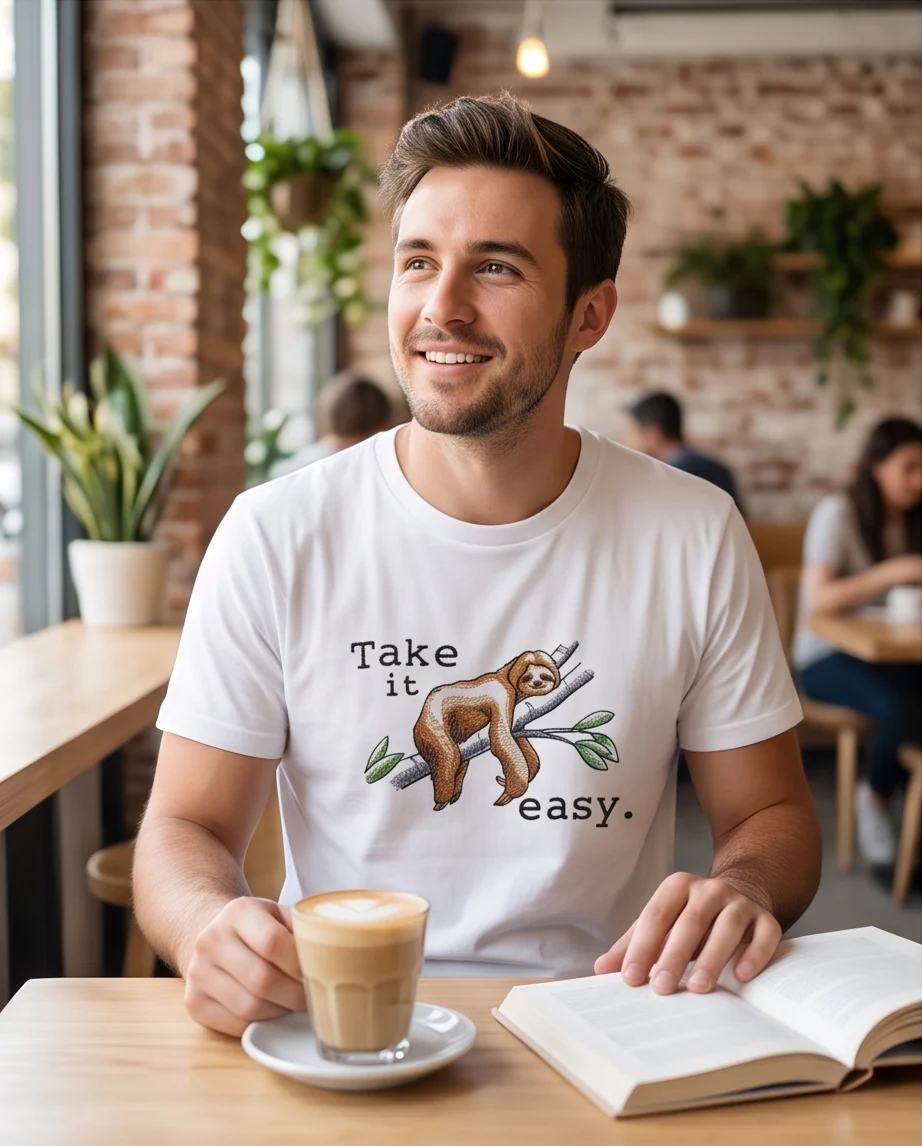 Детски и Унисекс Тениска с бродерия ленивец TAKE IT EASY