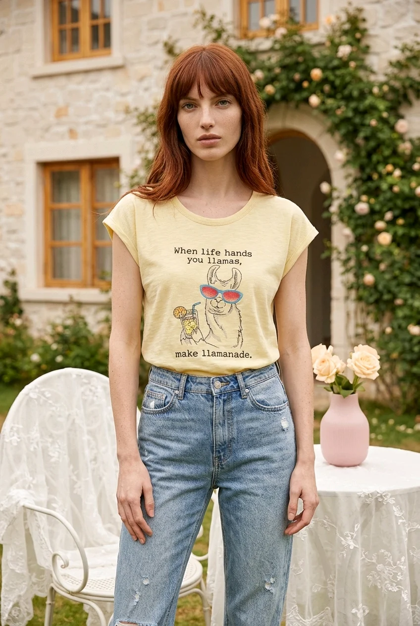 Дамска тениска с бродерия WHEN LIFE HANDS YOU LLAMAS, MAKE LLAMANADE