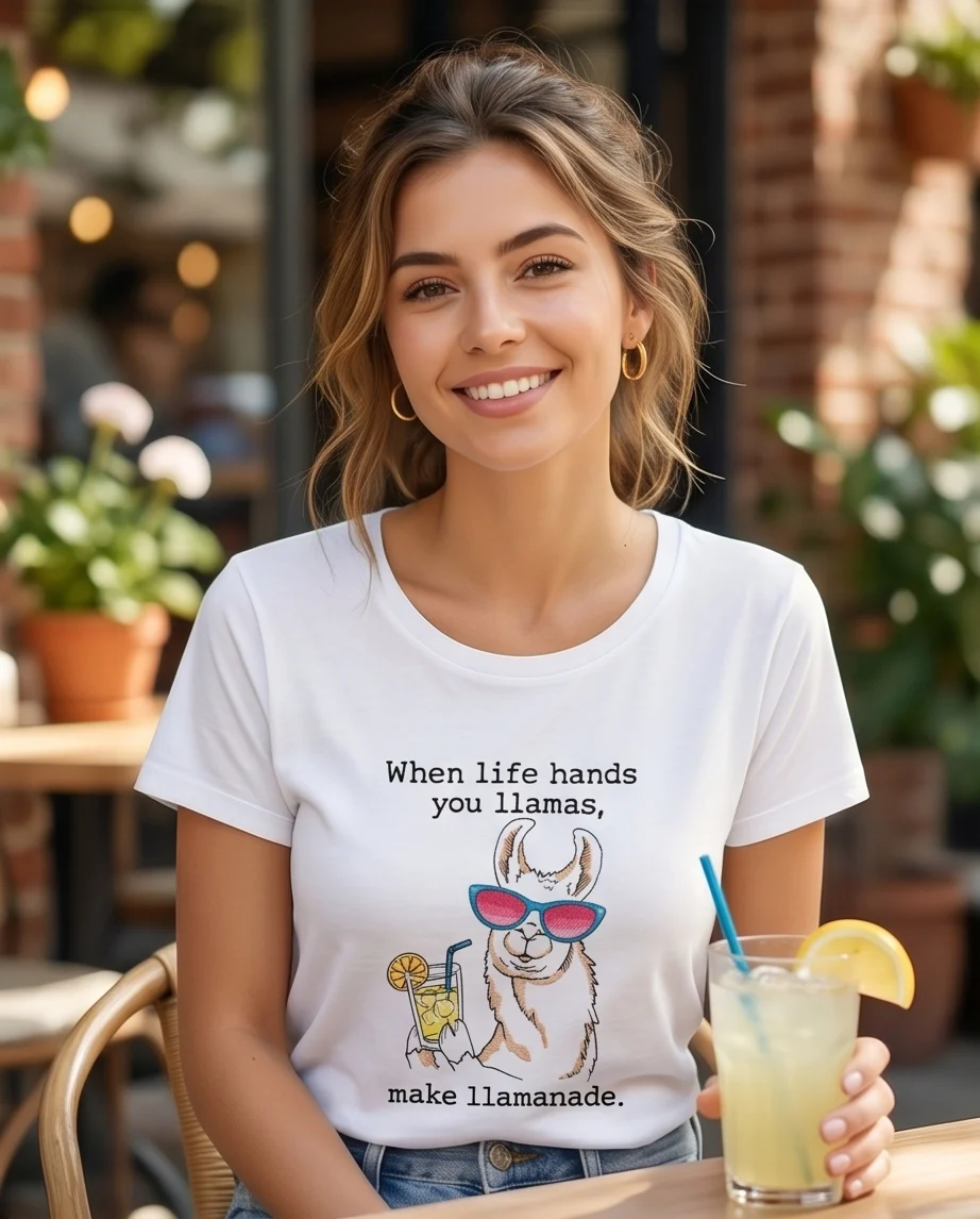 Дамска тениска с бродерия WHEN LIFE HANDS YOU LLAMAS, MAKE LLAMANADE
