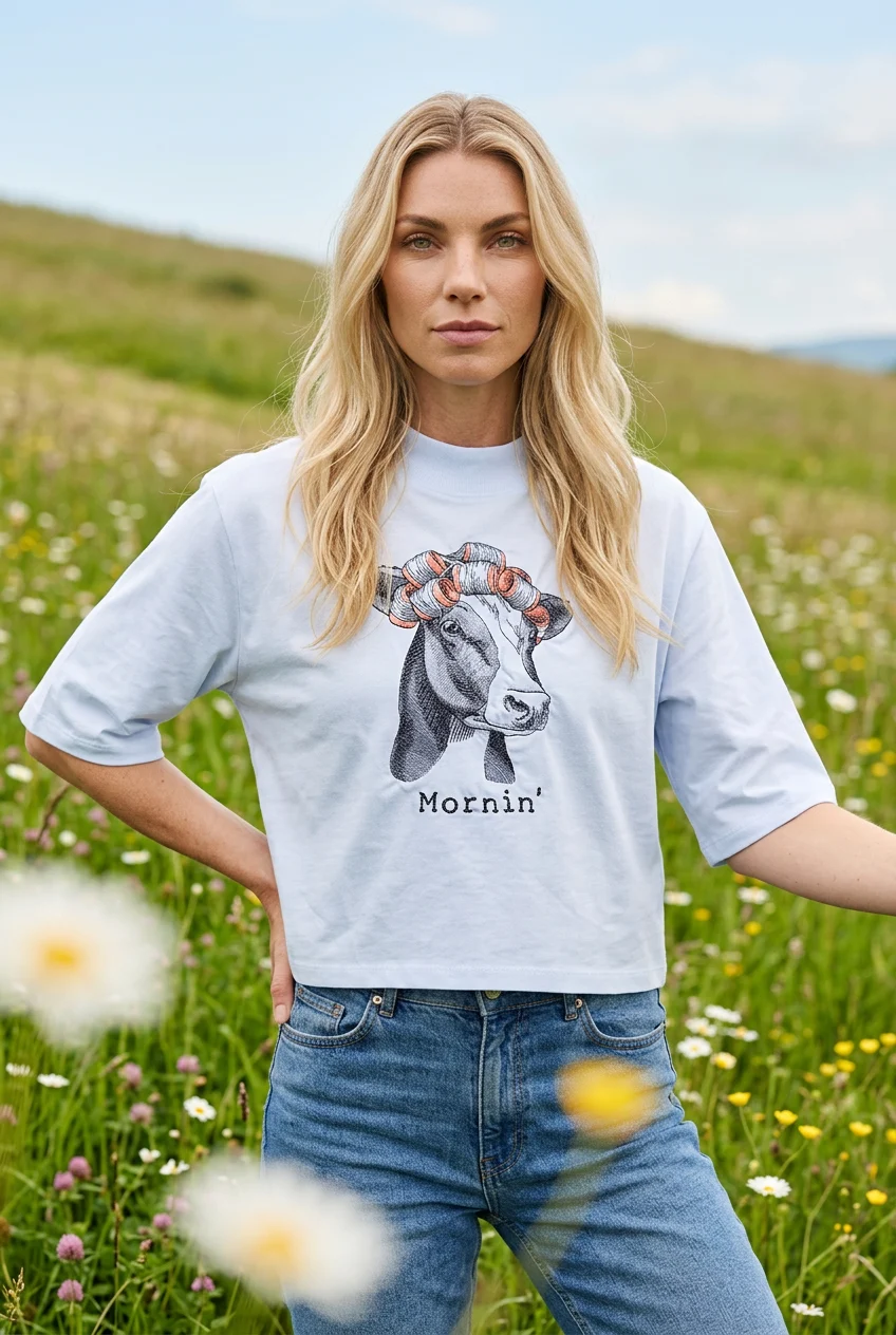 Дамска oversize тениска с бродерия крава MORNIN'