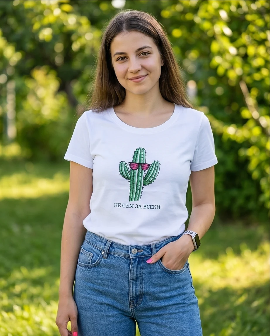 Дамска и Детска Тениска с бродерия кактус НЕ СЪМ ЗА ВСЕКИ