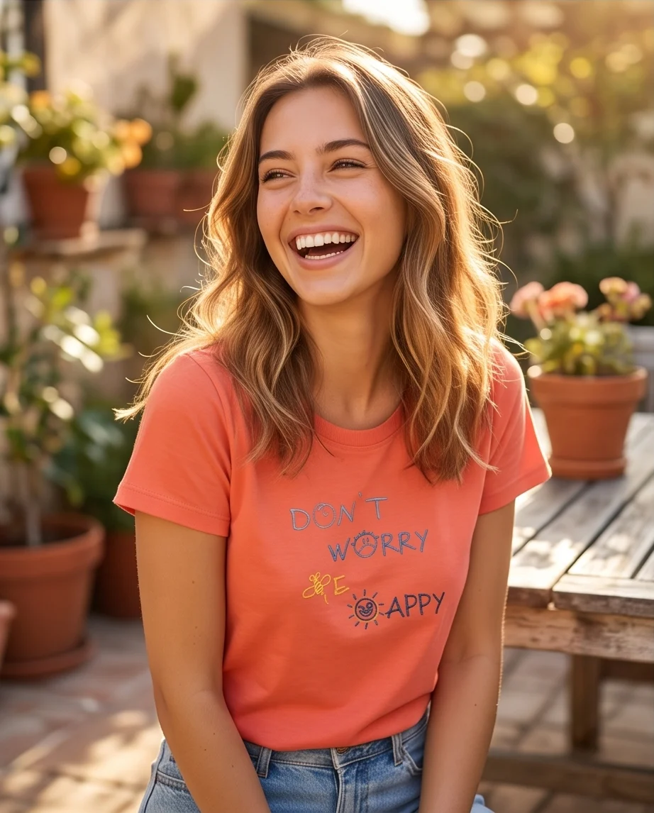 Дамска Тениска с бродерия Don't Worry Be Happy