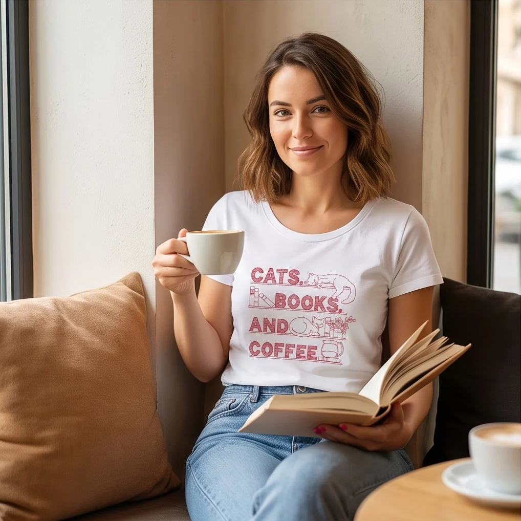 Дамска Тениска с бродерия CATS, BOOKS AND COFFEE