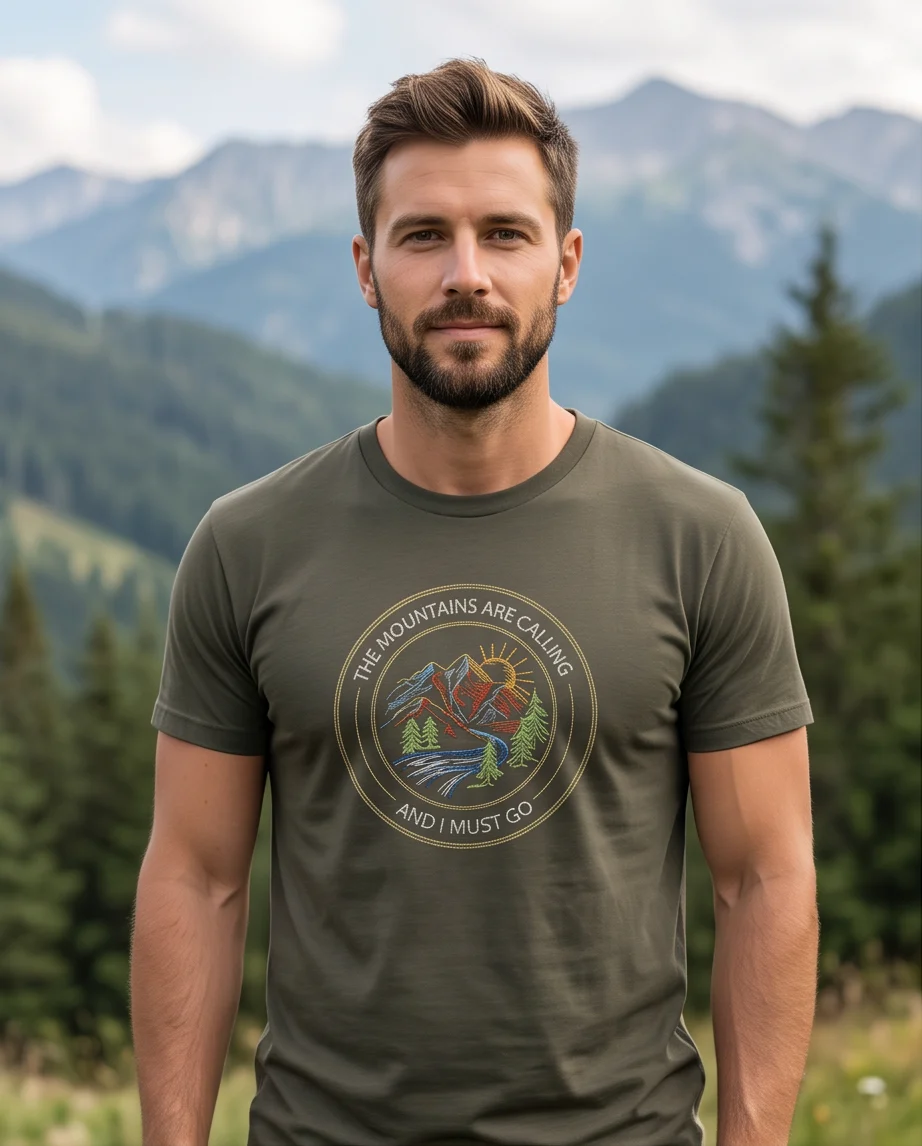 Унисекс тениска с бродерия THE MOUNTAINS ARE CALLING AND I MUST GO
