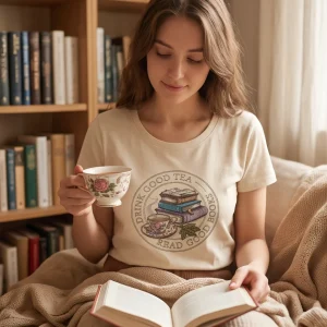 Дамска Тениска с бродерия DRINK GOOD TEA, READ GOOD BOOKS