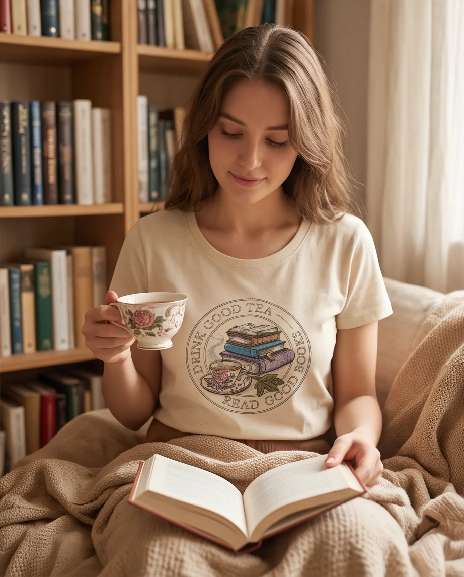 Дамска Тениска с бродерия DRINK GOOD TEA, READ GOOD BOOKS